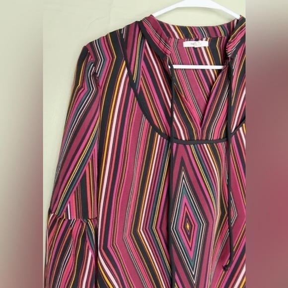 Maurices Geometric Stripe Tunic Top Tie Neck Long Sleeve Oversized - Picture 2 of 12
